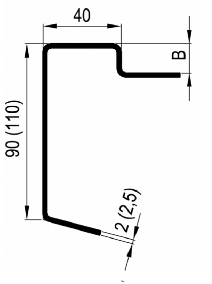 Výška profilu H = 110 mm
Tloušťka podlahy B = 18 mm
Tloušťka materiálu C = 2,5 mm
Délka profilu L = 2500 mm
